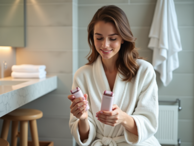 Femme en peignoir regardant des epilateurs dans la salle de bain
