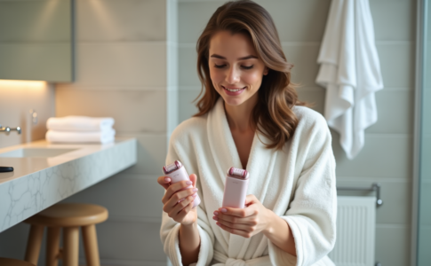 Femme en peignoir regardant des epilateurs dans la salle de bain