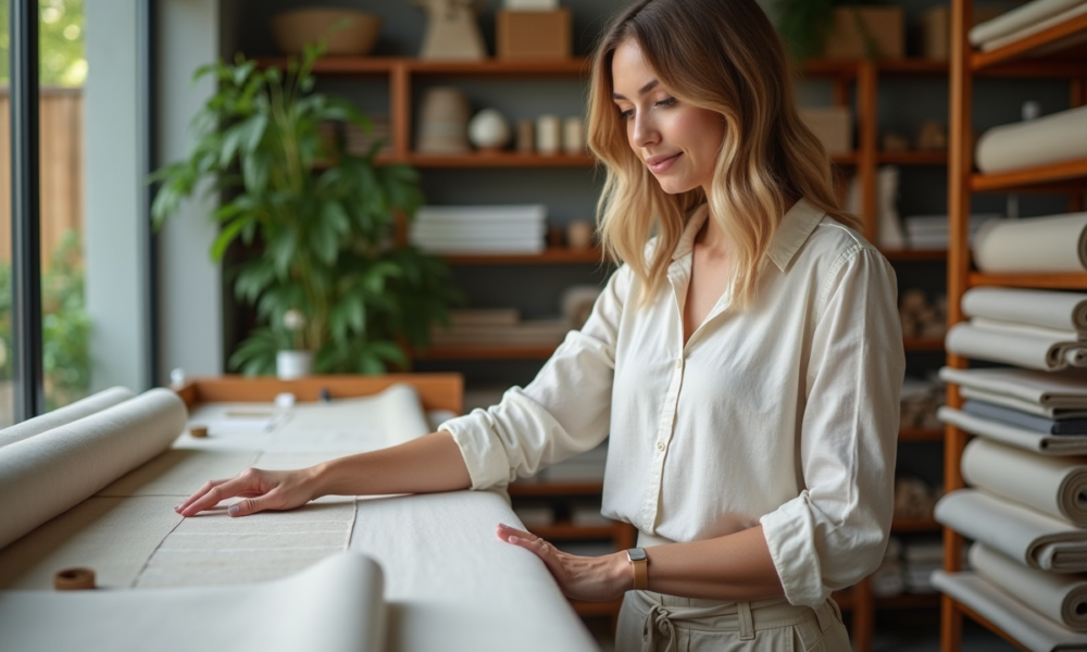 Femme touchant des tissus écologiques dans une boutique