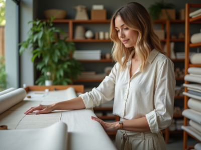 Femme touchant des tissus écologiques dans une boutique