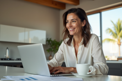 Femme souriante devant son ordinateur et factures dans un appartement californien
