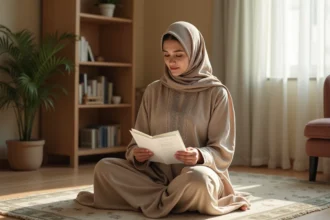Femme musulmane en hijab consultant les horaires de prière à Mantes-la-Jolie dans son appartement