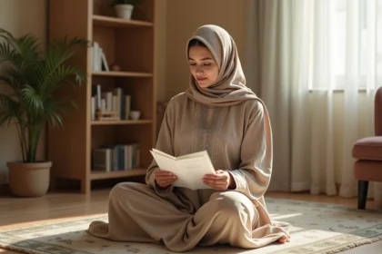 Femme musulmane en hijab consultant les horaires de prière à Mantes-la-Jolie dans son appartement