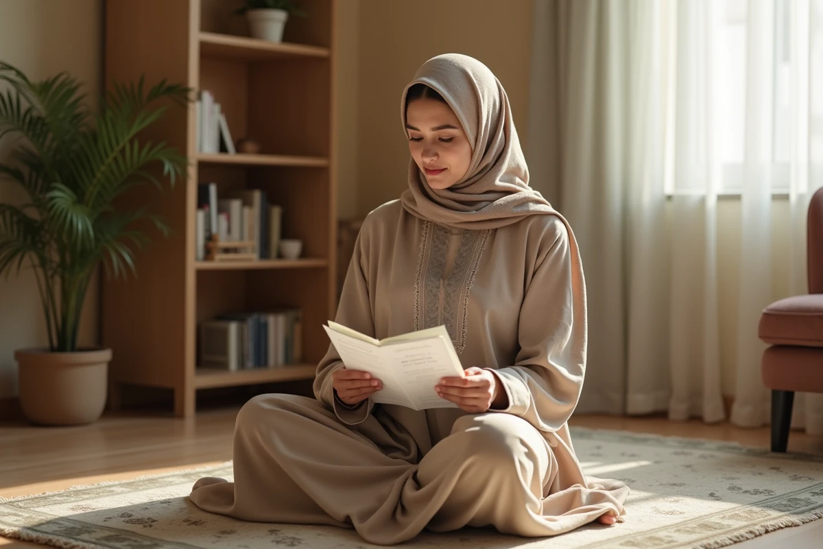 Femme musulmane en hijab consultant les horaires de prière à Mantes-la-Jolie dans son appartement