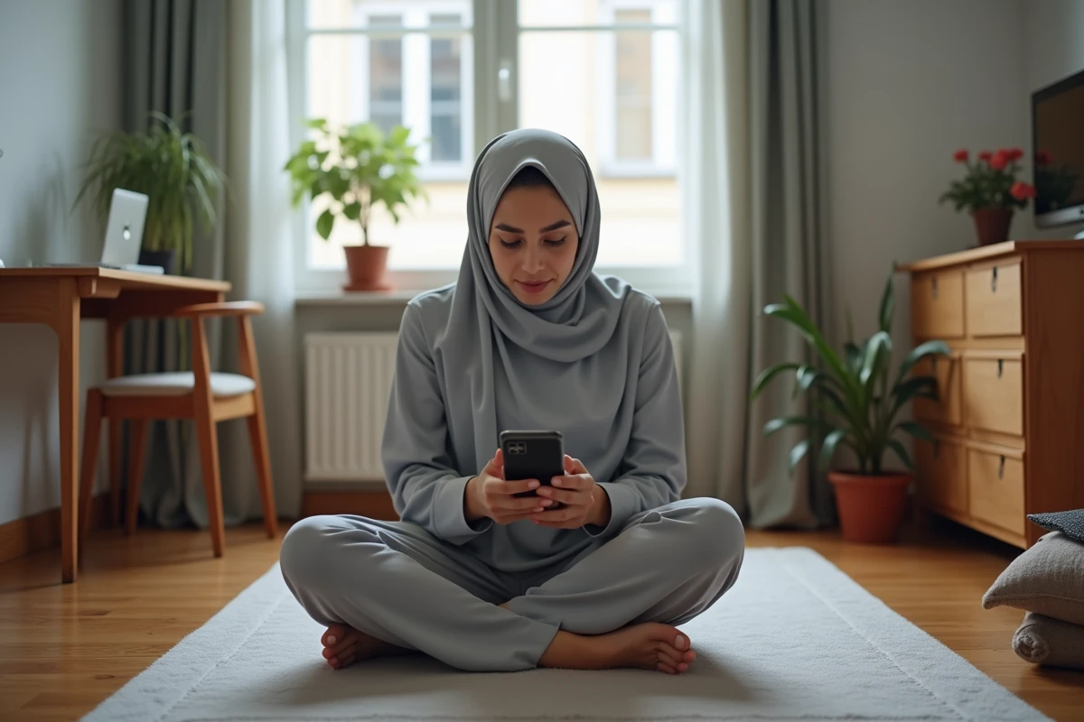 Jeune femme musulmane consultant les horaires de prière sur smartphone à Grenoble