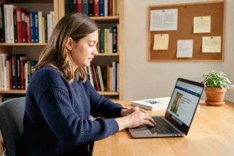 Jeune femme française utilisant Epsilon Scan sur son ordinateur portable dans un bureau à domicile organisé