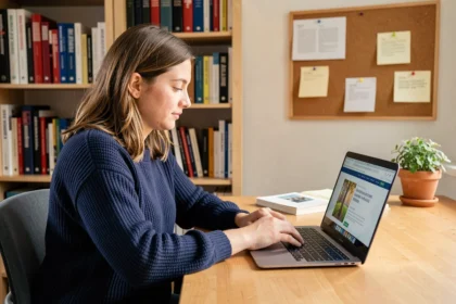 Jeune femme française utilisant Epsilon Scan sur son ordinateur portable dans un bureau à domicile organisé