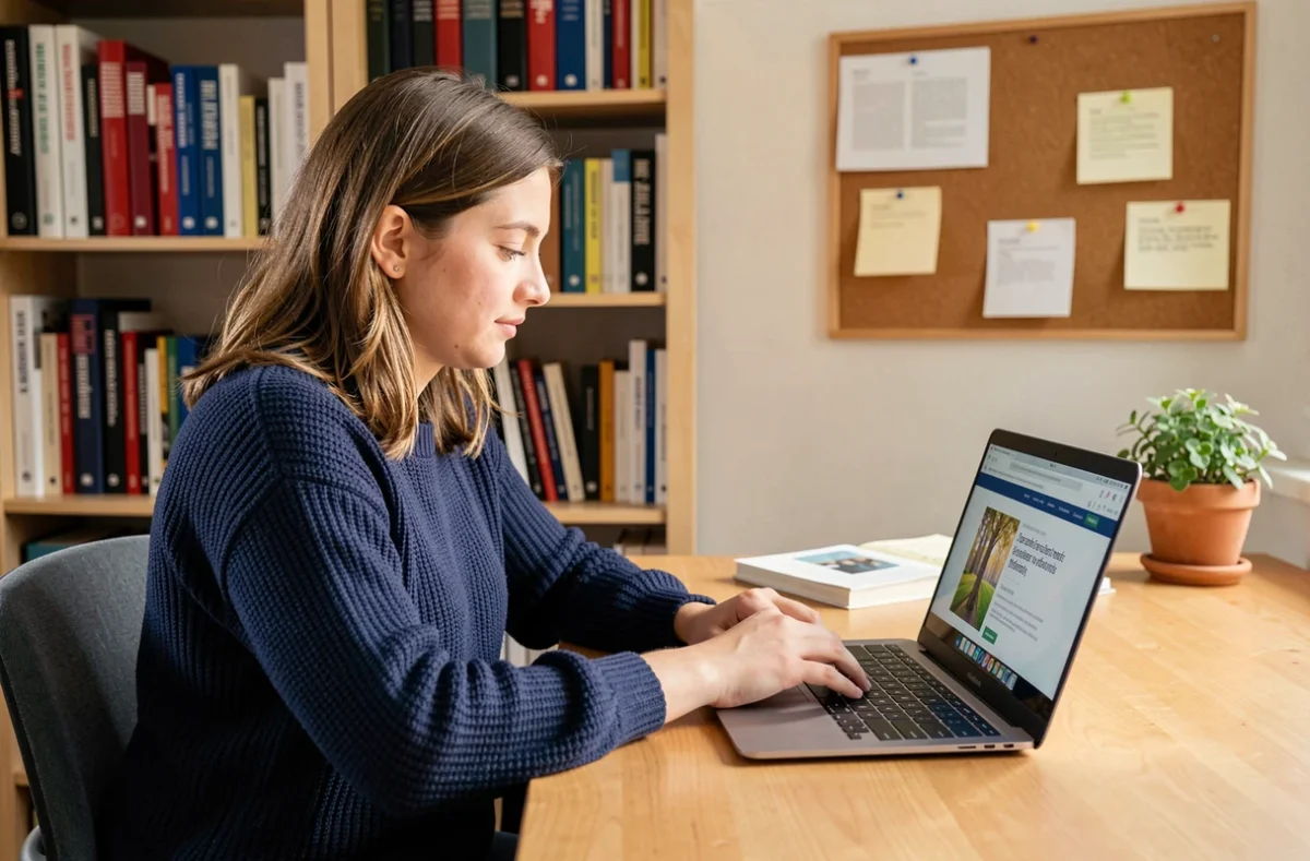 Jeune femme française utilisant Epsilon Scan sur son ordinateur portable dans un bureau à domicile organisé