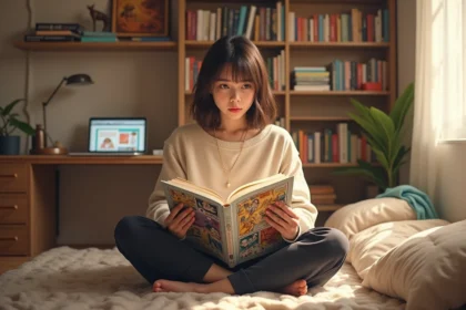 Jeune femme lisant un manhwa adulte assis sur le sol de sa chambre entourée de collections de webtoons