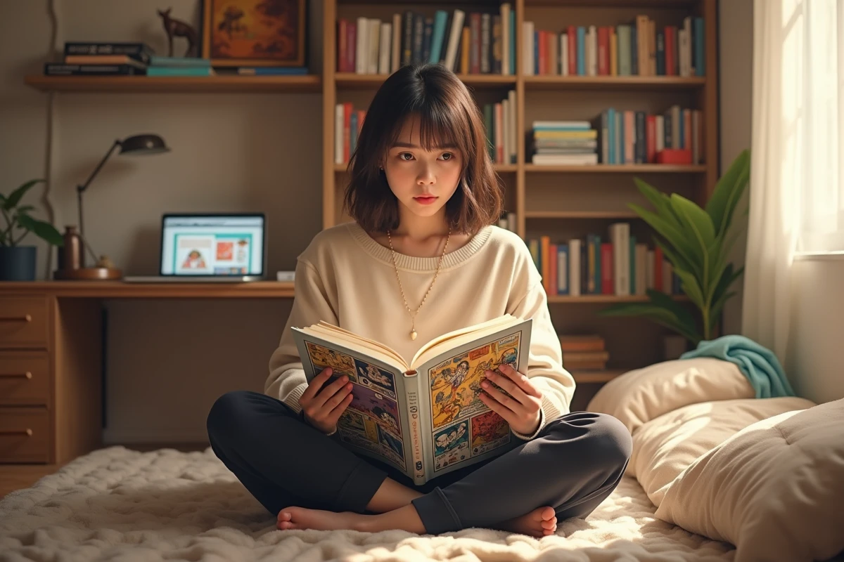 Jeune femme lisant un manhwa adulte assis sur le sol de sa chambre entourée de collections de webtoons