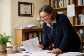 Femme d'âge moyen examine un livre dans un bureau à domicile