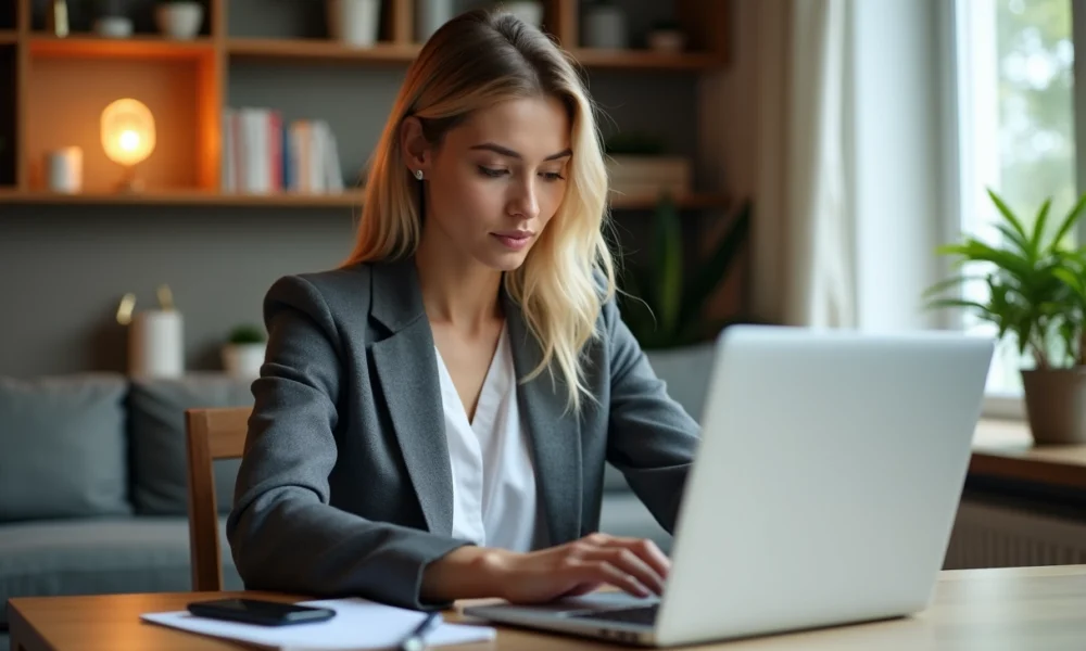 Femme concentrée sur son ordinateur portable à la maison