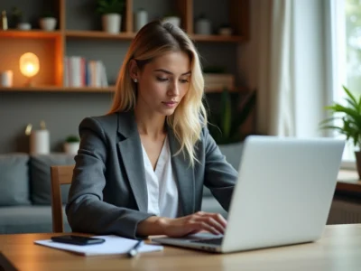 Femme concentrée sur son ordinateur portable à la maison