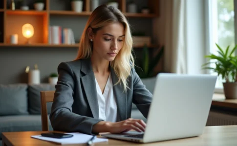 Femme concentrée sur son ordinateur portable à la maison
