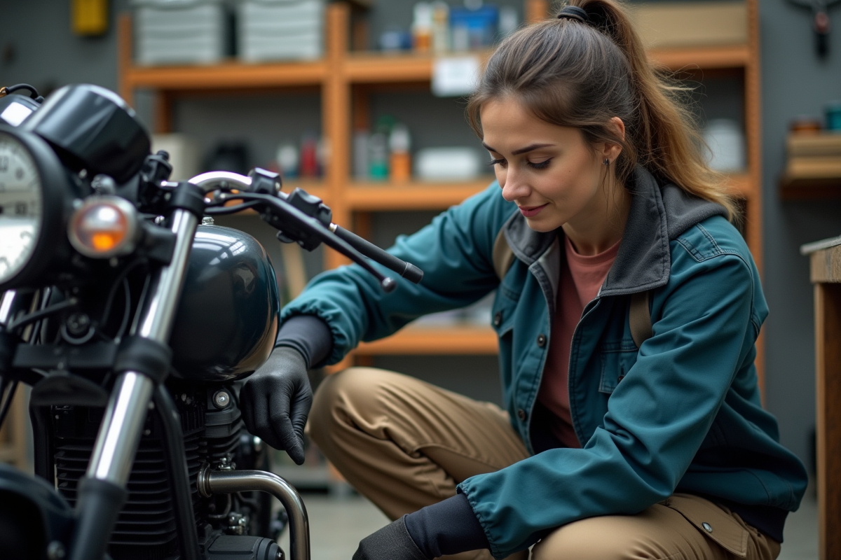 Femme contrôle la pression de son pneu de moto dans un garage
