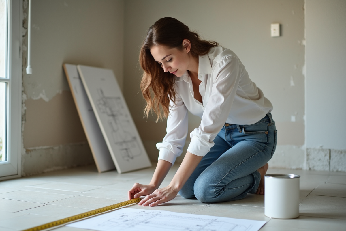 Jeune femme mesurant des dimensions dans une salle en rénovation