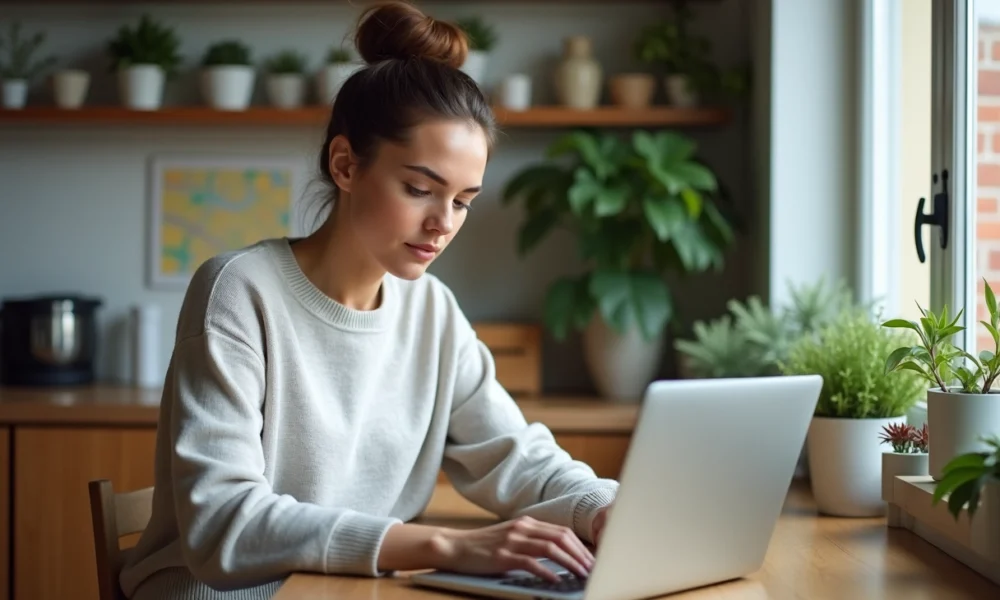 Femme assise à la maison utilisant son ordinateur portable à Besançon