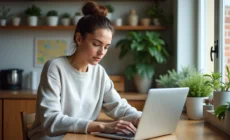 Femme assise à la maison utilisant son ordinateur portable à Besançon
