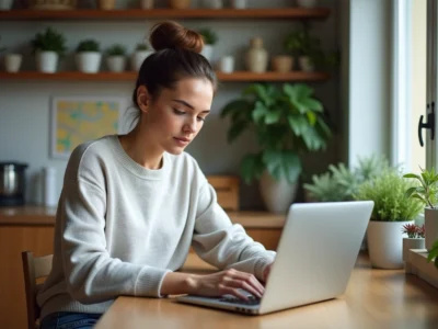 Femme assise à la maison utilisant son ordinateur portable à Besançon