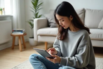 Jeune femme organisant ses lectures de mangas sur une application de lecture numérique avec système de favoris
