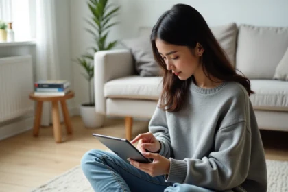 Jeune femme organisant ses lectures de mangas sur une application de lecture numérique avec système de favoris