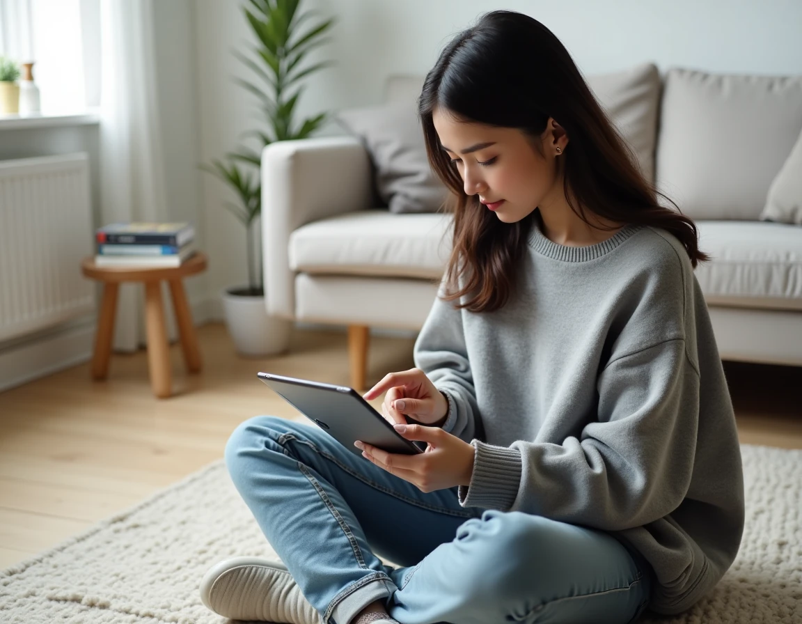 Jeune femme organisant ses lectures de mangas sur une application de lecture numérique avec système de favoris