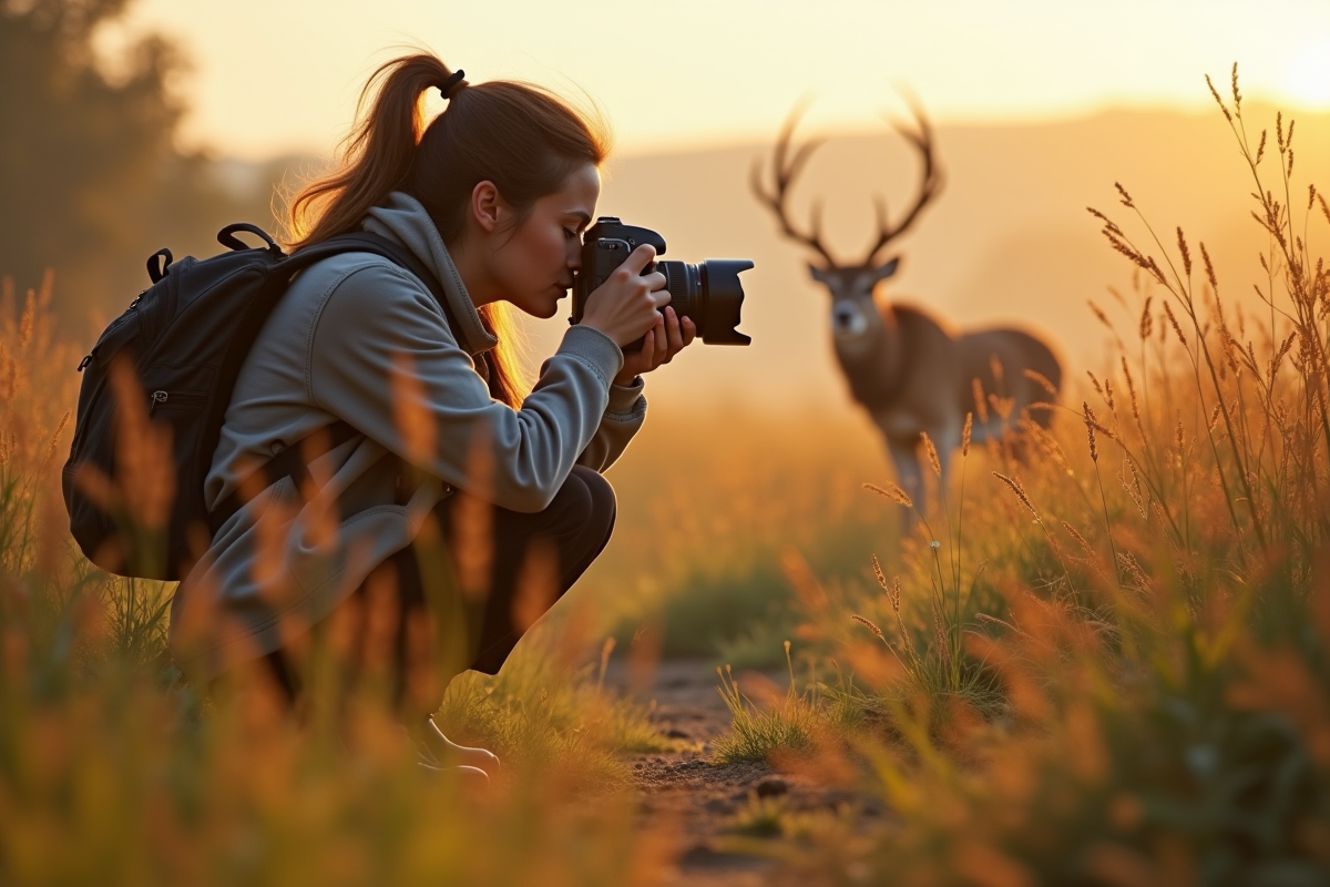 Femme photographe en plein air dans la nature au lever du soleil