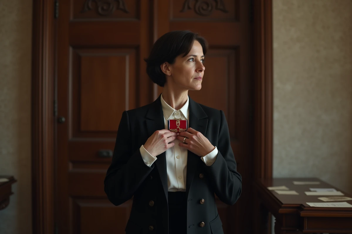 Femme pinçant un ruban tricolore dans une pièce historique