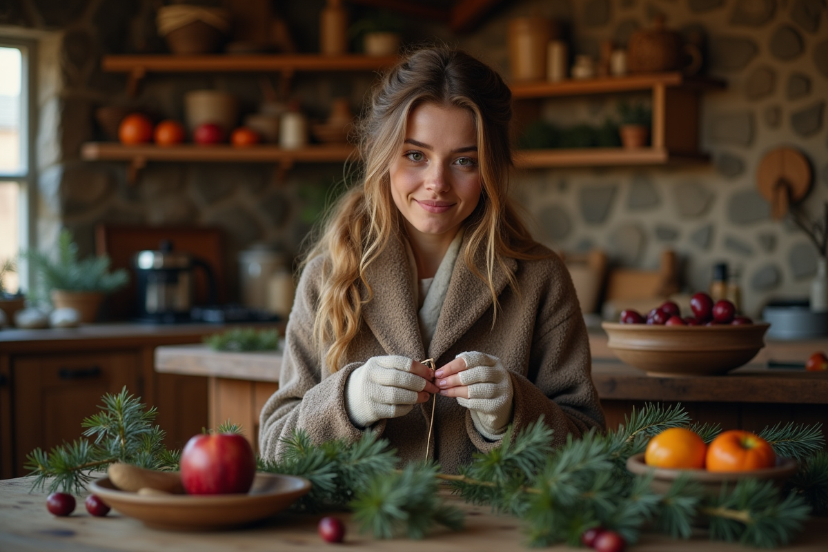 Jeune femme préparant une guirlande de mistletoe dans une cuisine