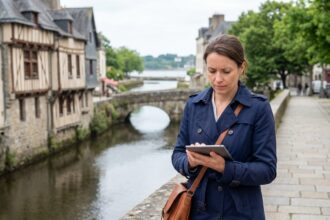 Femme en trench bleu regardant son tablet à Quimper