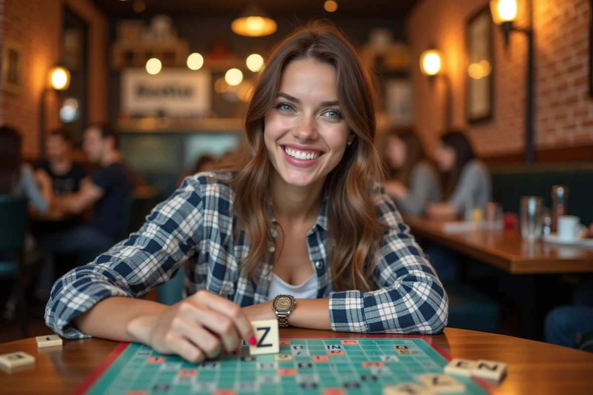 Jeune femme plaçant la lettre Z sur un plateau de Scrabble dans un café