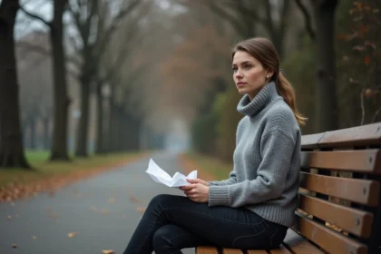 Femme seule sur un banc de parc en automne tenant un papier froissé, exprimant la tristesse après une trahison amoureuse