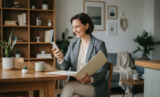 Femme bien habillee souriante avec dossier et smartphone