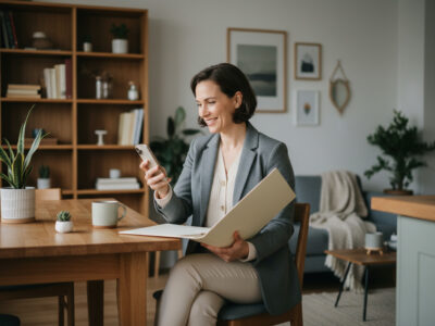 Femme bien habillee souriante avec dossier et smartphone