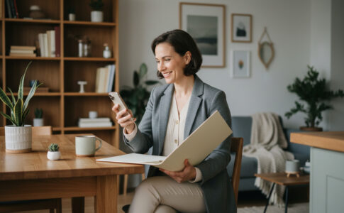 Femme bien habillee souriante avec dossier et smartphone