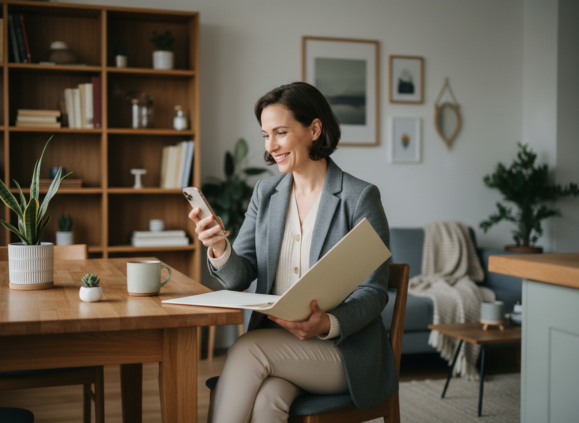 Femme bien habillee souriante avec dossier et smartphone