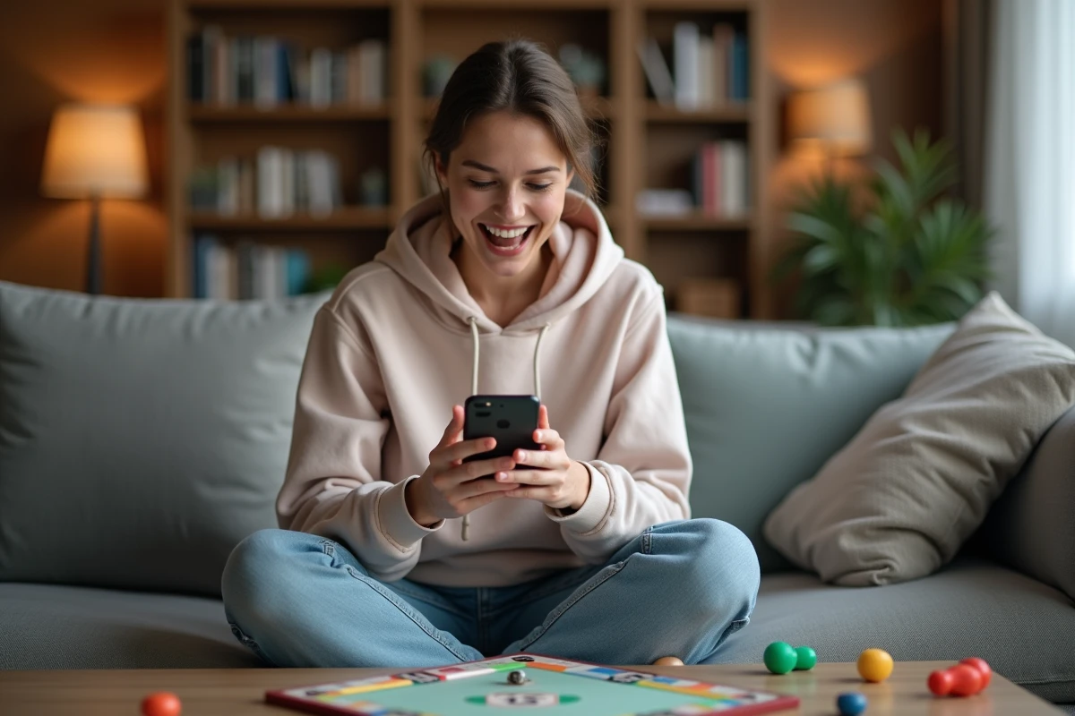 Jeune femme souriante jouant à Monopoly GO sur smartphone avec un plateau de jeu Monopoly sur la table basse