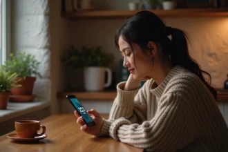 Femme assise à la cuisine regardant son smartphone en soirée