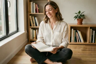 Femme souriante et sereine assise sur un plancher en bois, écrivant dans un journal intime, illustration du bonheur intérieur et des citations inspirantes