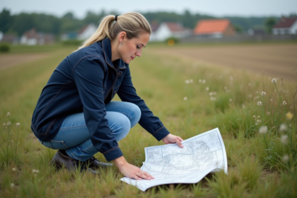 Femme inspectant un terrain avec carte dans un environnement semi rural