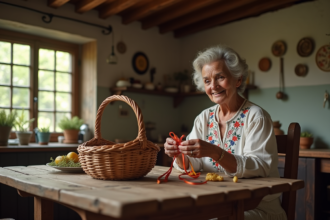 Femme âgée tissant un panier en osier dans une cuisine rustique