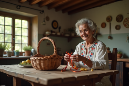 Femme âgée tissant un panier en osier dans une cuisine rustique