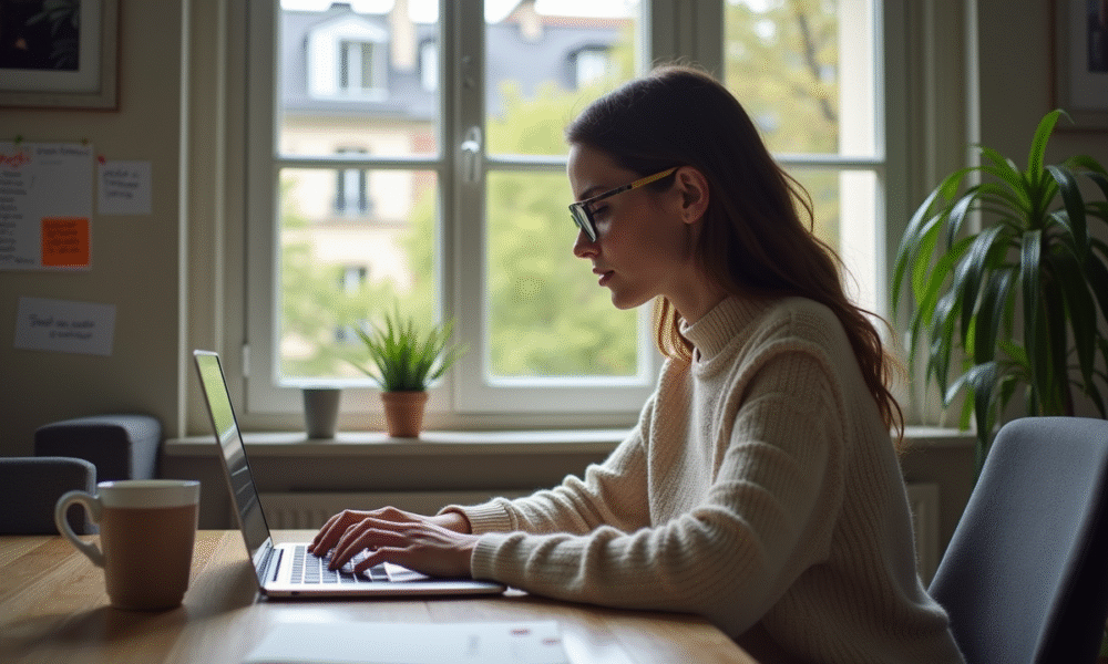 Jeune femme en télétravail à Paris dans un appartement moderne