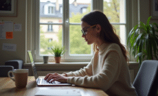 Jeune femme en télétravail à Paris dans un appartement moderne