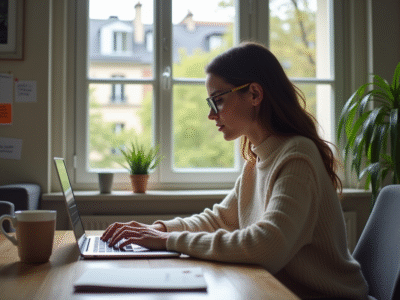 Jeune femme en télétravail à Paris dans un appartement moderne