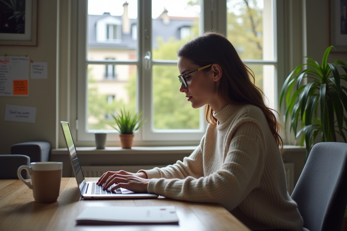 Jeune femme en télétravail à Paris dans un appartement moderne