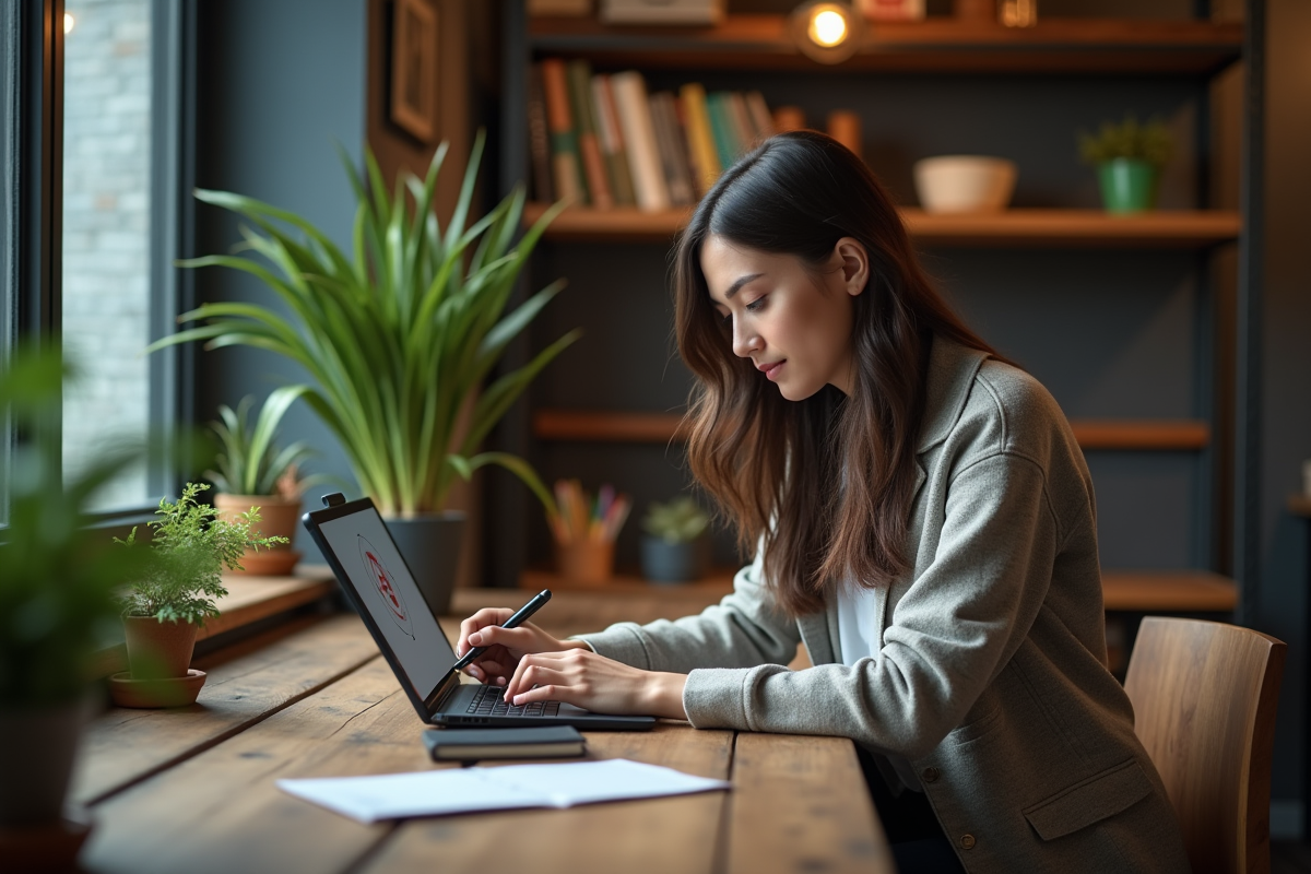 Jeune femme travaillant sur un tableau digital blockchain dans un espace cosy