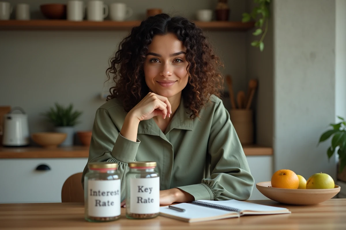 Jeune femme étudie des pots étiquetés dans une cuisine chaleureuse