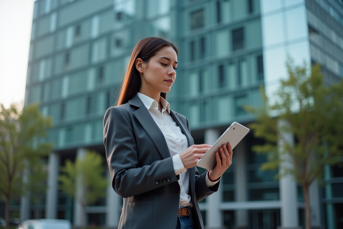 Femme avec tablette analysant des données dans un environnement urbain