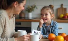 Jeune fille en denim pratique le son 'ra' avec sa mère